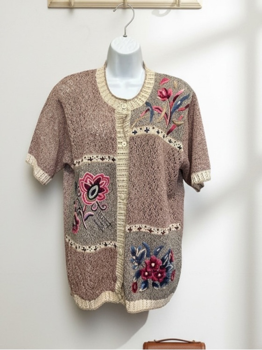 Vtg TanJay Embroidered Floral Knit Cardigan Sweater Size S